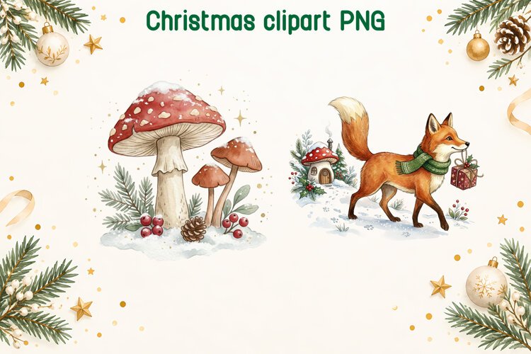 Christmas Fox Mushroom Clipart PNG example image 1
