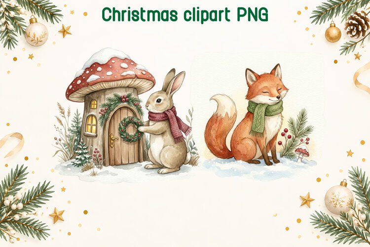 Christmas Bunny Fox Clipart PNG example image 1