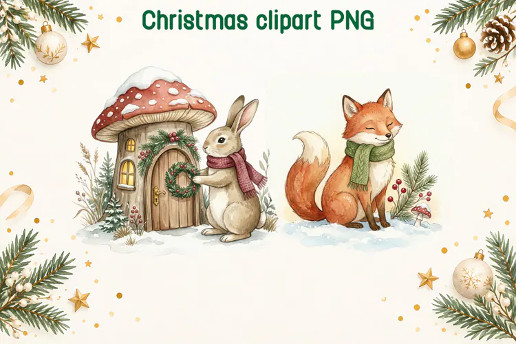 Christmas Bunny Fox Clipart PNG