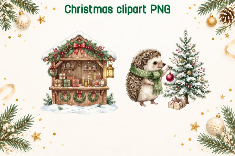 Christmas Market and Hedgehog Clipart PNG example image 1
