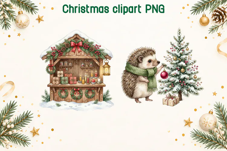 Christmas Market and Hedgehog Clipart PNG