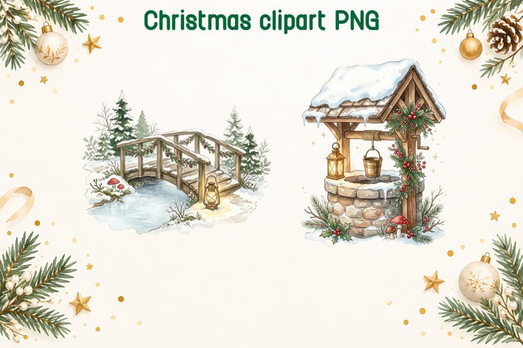 Winter Bridge and Christmas Well Clipart PNG example image 1