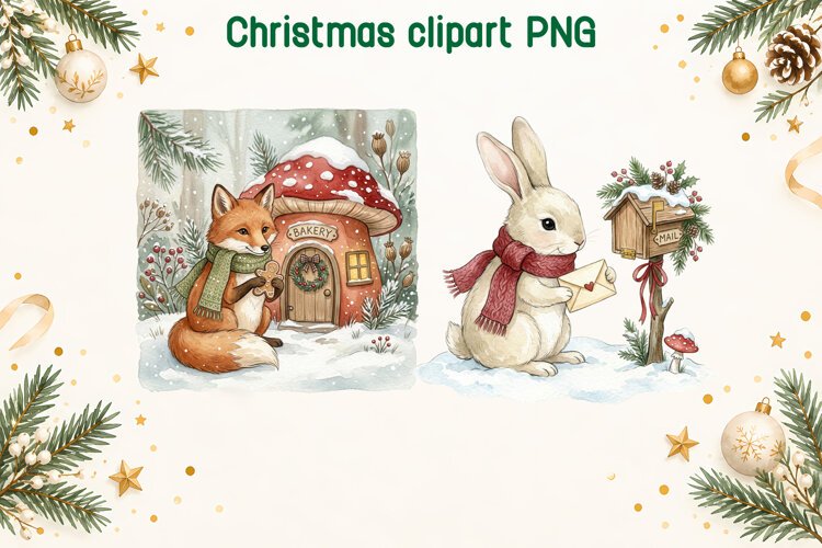 Christmas Fox Bakery and Bunny Mail Clipart PNG example image 1