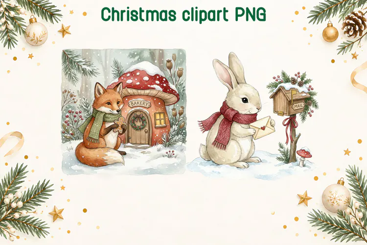 Christmas Fox Bakery and Bunny Mail Clipart PNG