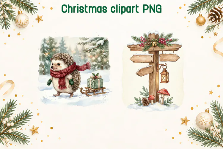 Christmas Hedgehog and Woodland Sign Clipart PNG