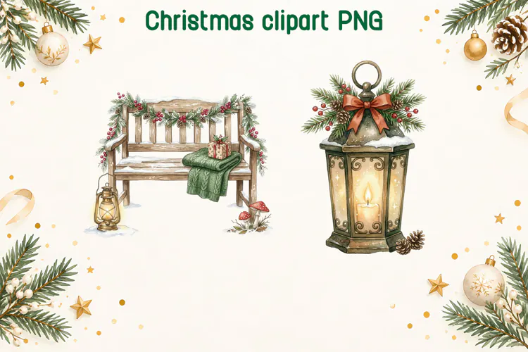 Christmas Bench and Lantern Clipart PNG