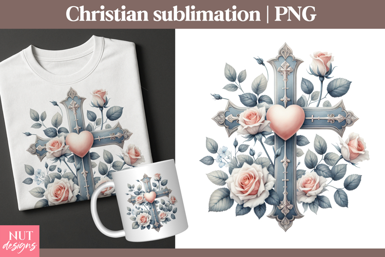 Christian clipart Heart Cross Floral Sublimation PNG