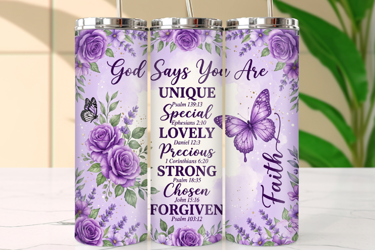 Christian Bible Verse Tumbler Wrap, Purple Floral Butterfly