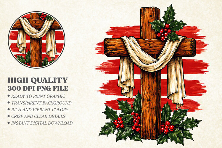 Christian Christmas Cross PNG, Religious Holiday Sublimation example image 1