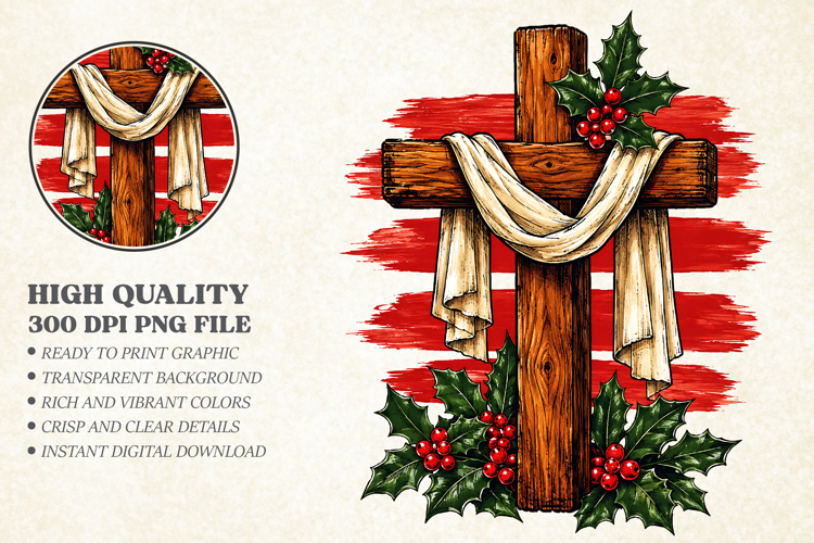 Christian Christmas Cross PNG, Religious Holiday Sublimation