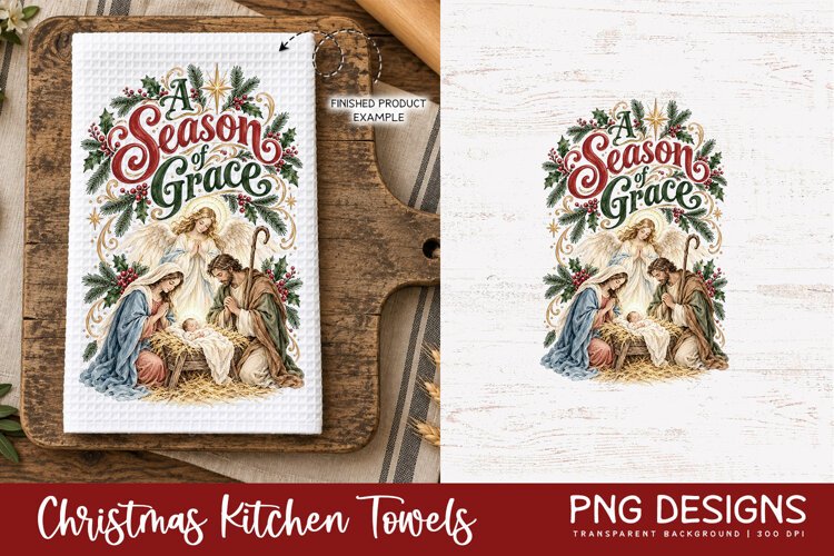 Vintage Christmas kitchen towel PNG sublimation design displayed on a white waffle tea towel mockup, alongside the original digital artwork, perfect for festive kitchen decor and handmade holiday gifts.