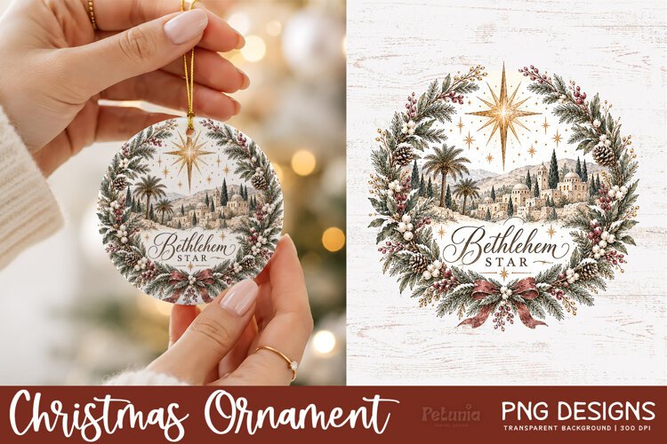 Vintage Christmas sublimation PNG design displayed on a round Christmas ornament mockup, featuring detailed watercolor artwork in a classic holiday style.