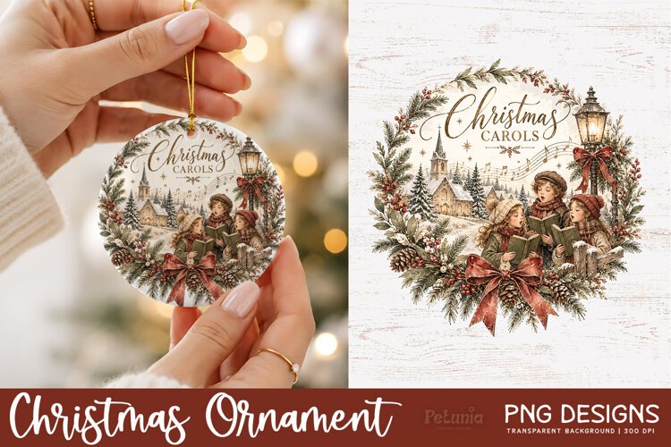 Vintage Christmas sublimation PNG design displayed on a round Christmas ornament mockup, featuring detailed watercolor artwork in a classic holiday style.