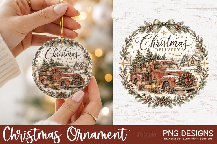 Vintage Christmas sublimation PNG design displayed on a round Christmas ornament mockup, featuring detailed watercolor artwork in a classic holiday style.