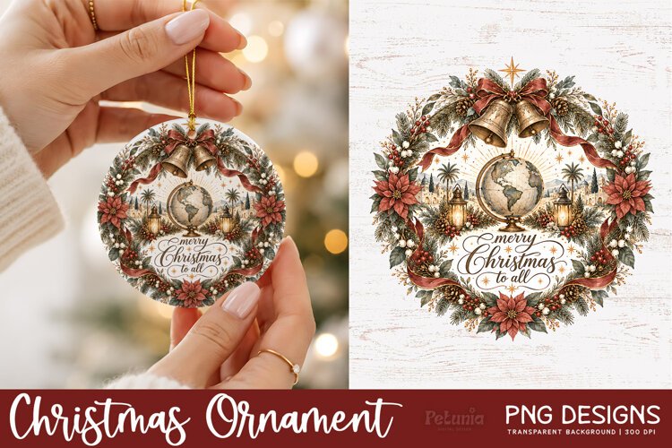 Vintage Christian Christmas ornament PNG featuring watercolor Nativity and religious Christmas artwork in soft muted colors for sublimation and holiday crafts.