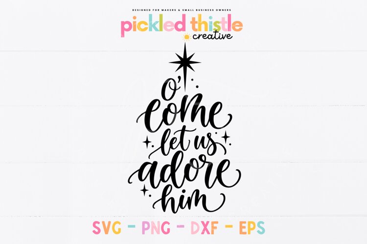 A Christian Christmas typography design featuring the classic hymn lyrics in bold black cursive, with exaggerated letter loops and a tall, balanced composition.