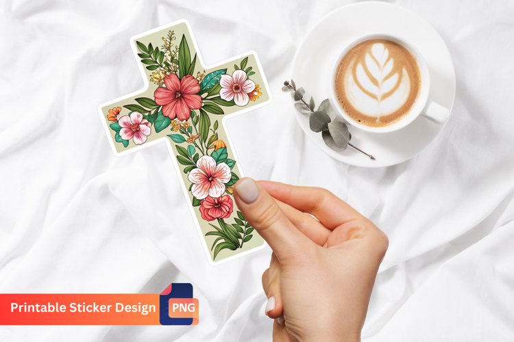 Christian Cross Flower Sticker, Religious Flower Cross Art