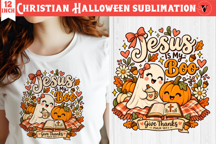 Christian Halloween sublimation | Cute Ghost Pumpkin design example image 1