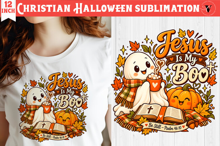 Christian Halloween sublimation | Cute Ghost Pumpkin design example image 1