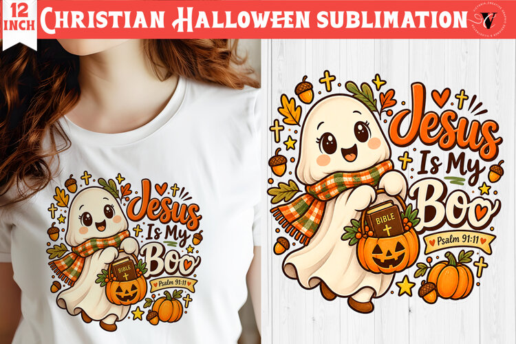 Christian Halloween sublimation | Cute Ghost Pumpkin design example image 1