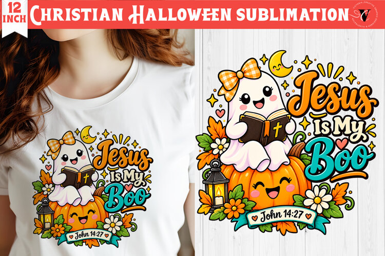 Christian Halloween sublimation | Cute Ghost Pumpkin design example image 1