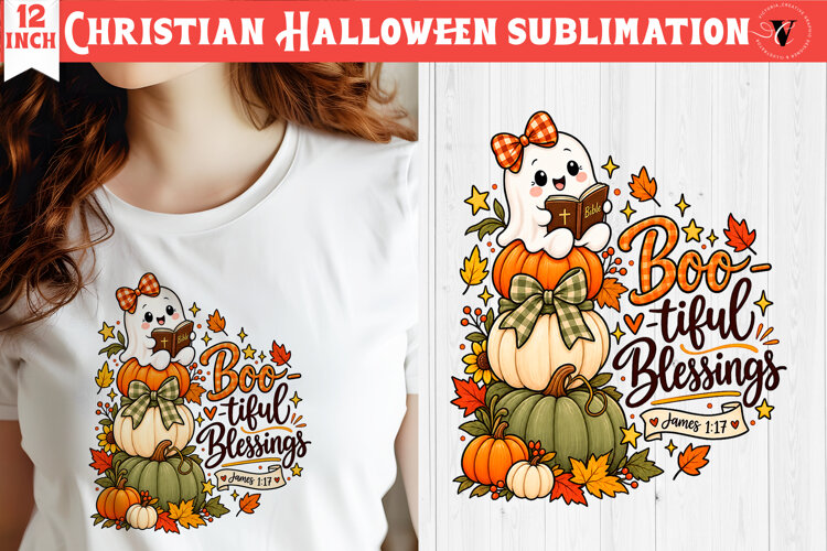 Christian Halloween sublimation | Cute Ghost Pumpkin design example image 1