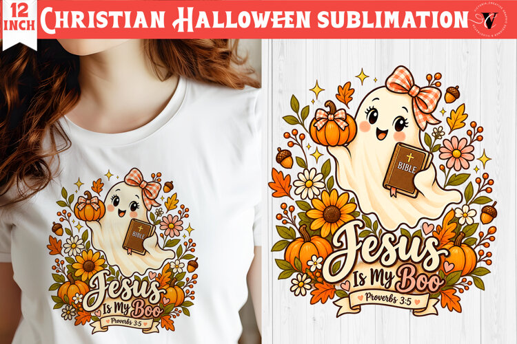 Christian Halloween sublimation | Cute Ghost Pumpkin design example image 1