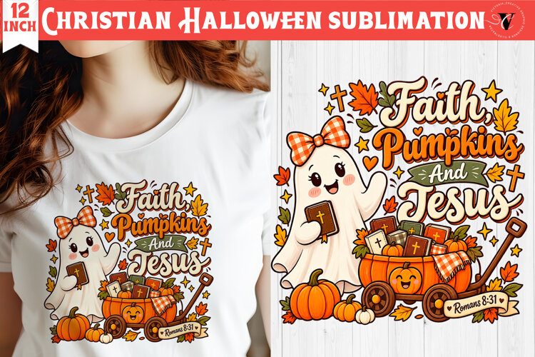 Christian Halloween sublimation | Cute Ghost Pumpkin design example image 1