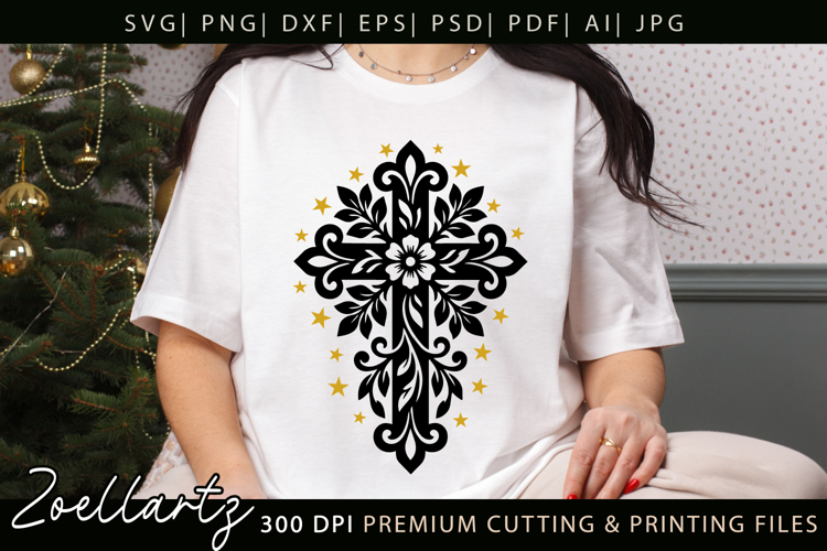 Floral Cross SVG Cut File Jesus Christian T-shirt Mug Design example image 1