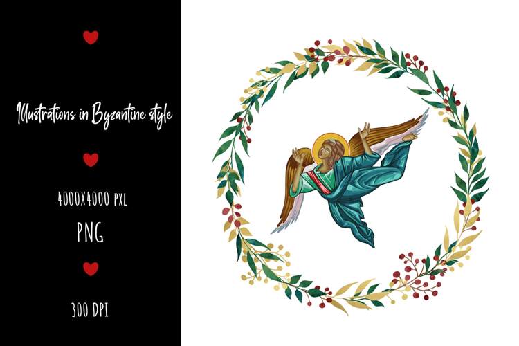 Angel. Floral Wreath. Illustration in Byzantine Style