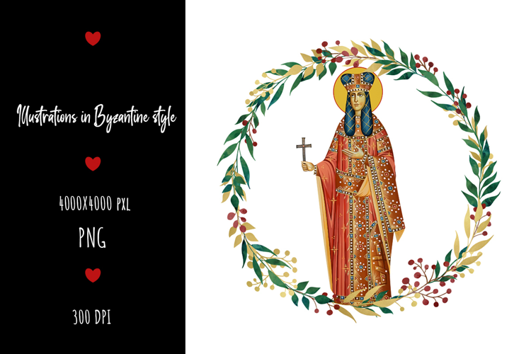 Saint Helena. Floral Wreath. Illustration in Byzantine Style