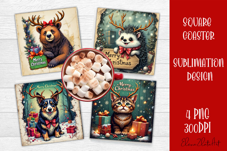 Vintage Christmas Sublimation, retro square Coaster Design