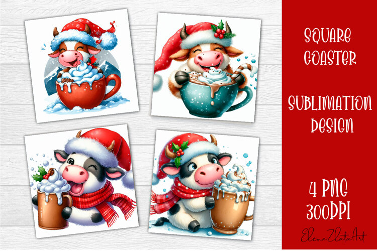 Funny christmas cow square coasters, Animals sublimation example image 1