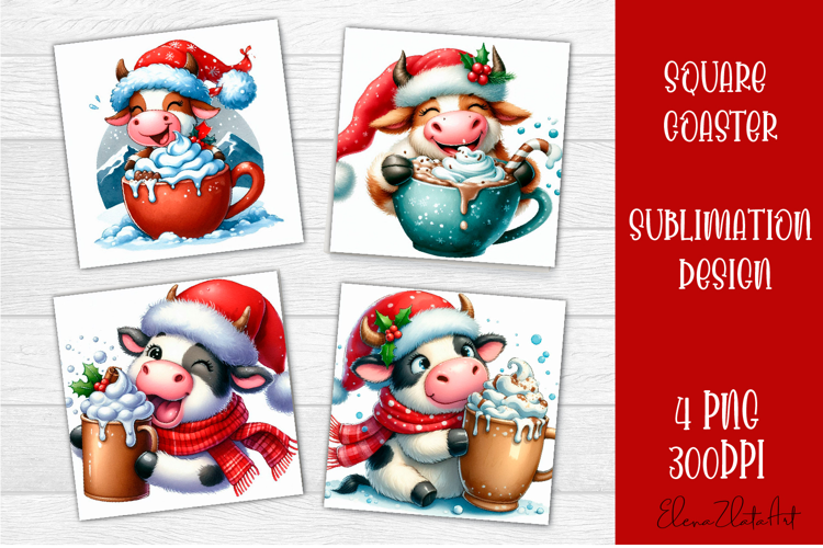 Funny christmas cow square coasters, Animals sublimation