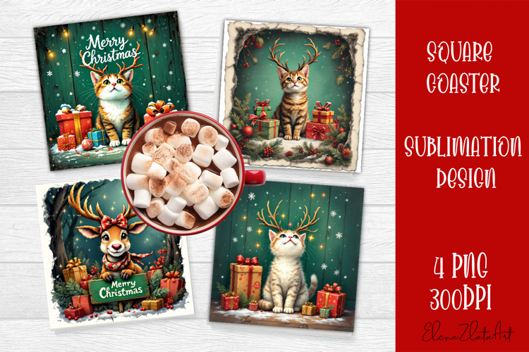Vintage Christmas Sublimation, retro square Coaster Design
