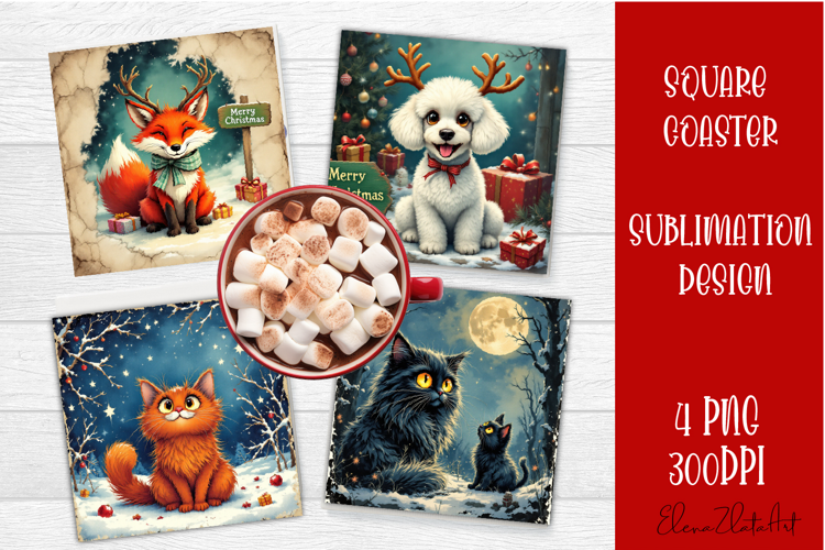 Vintage Christmas Sublimation, retro square Coaster Design