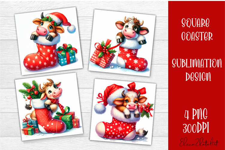 Funny christmas cow square coasters, Animals sublimation example image 1
