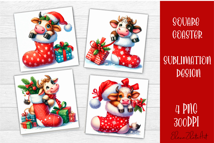 Funny christmas cow square coasters, Animals sublimation