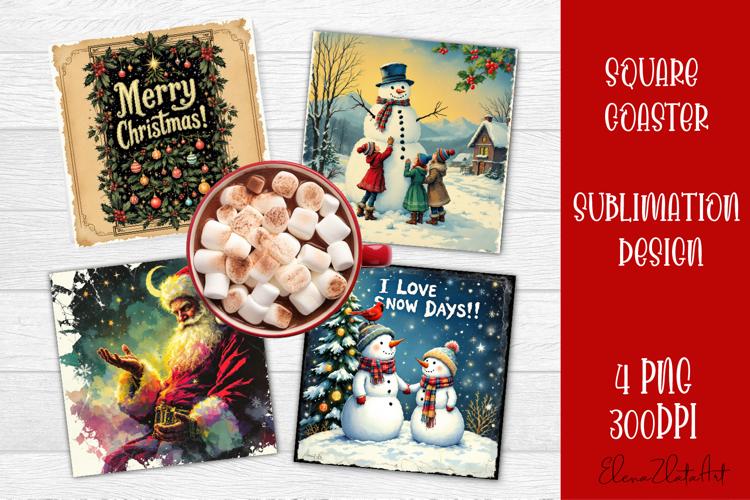 Vintage Christmas Sublimation, retro square Coaster Design