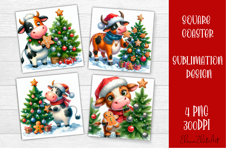 Funny christmas cow square coasters, Animals sublimation