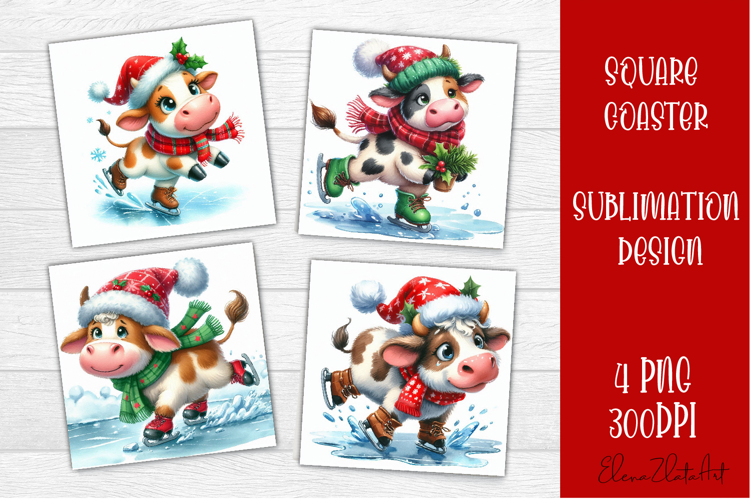 Funny christmas cow square coasters, Animals sublimation