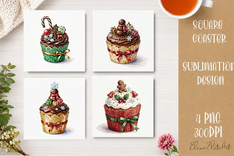 Christmas Cupcake Coaster | 4 Watercolor PNG Sublimation