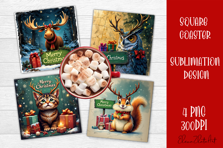 Vintage Christmas Sublimation, retro square Coaster Design