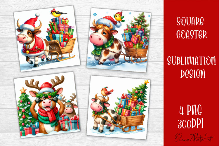 Funny christmas cow square coasters, Animals sublimation example image 1