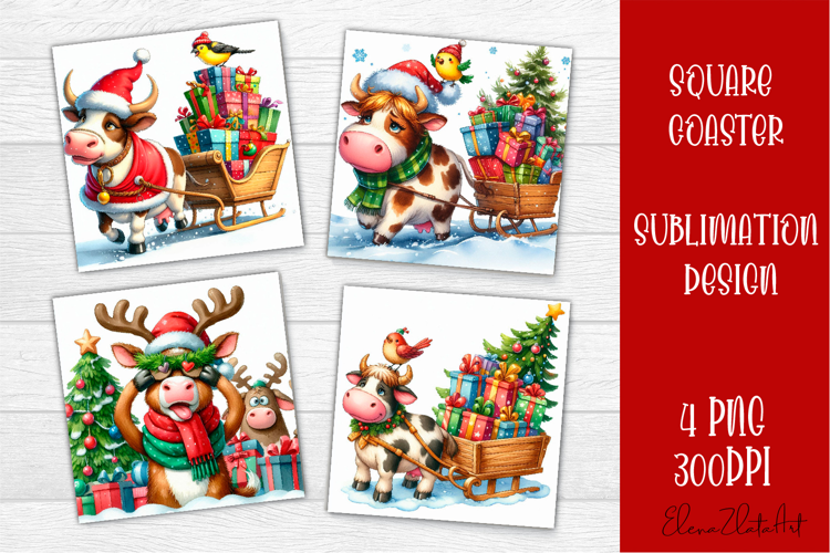 Funny christmas cow square coasters, Animals sublimation