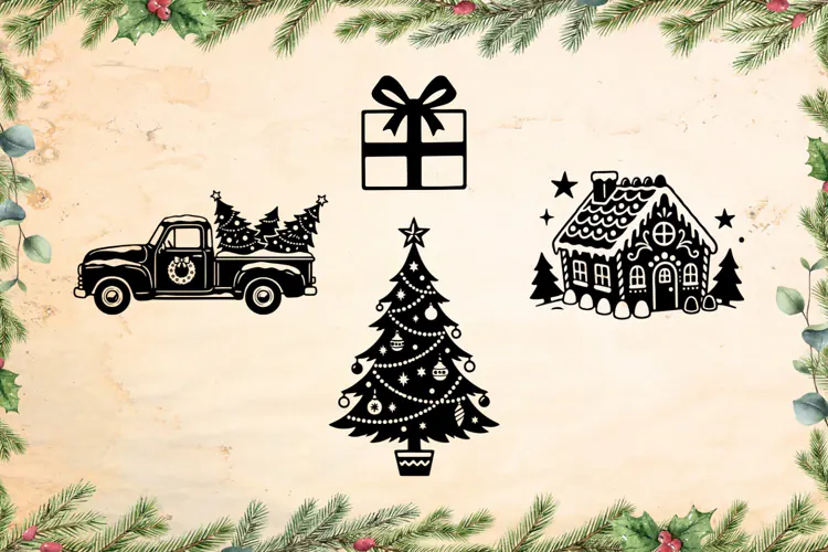 Christmas truck tree present and cottage SVG