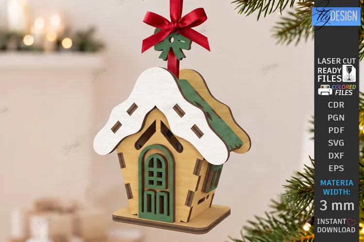 3D Christmas House Ornament Laser Cut | Christmas Village