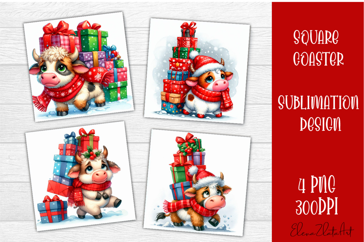 Funny christmas cow square coasters, Animals sublimation