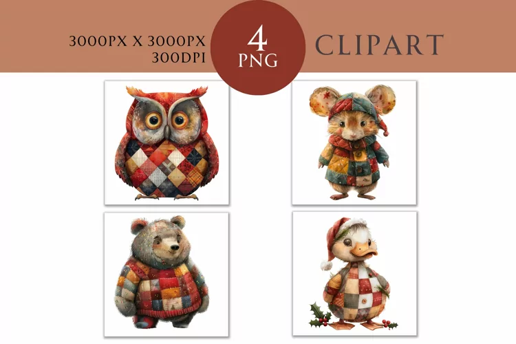 Christmas and Autumn Whimsical Patchwork Watercolor Clipart