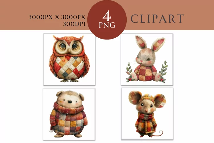 Christmas and Autumn Whimsical Patchwork Watercolor Clipart